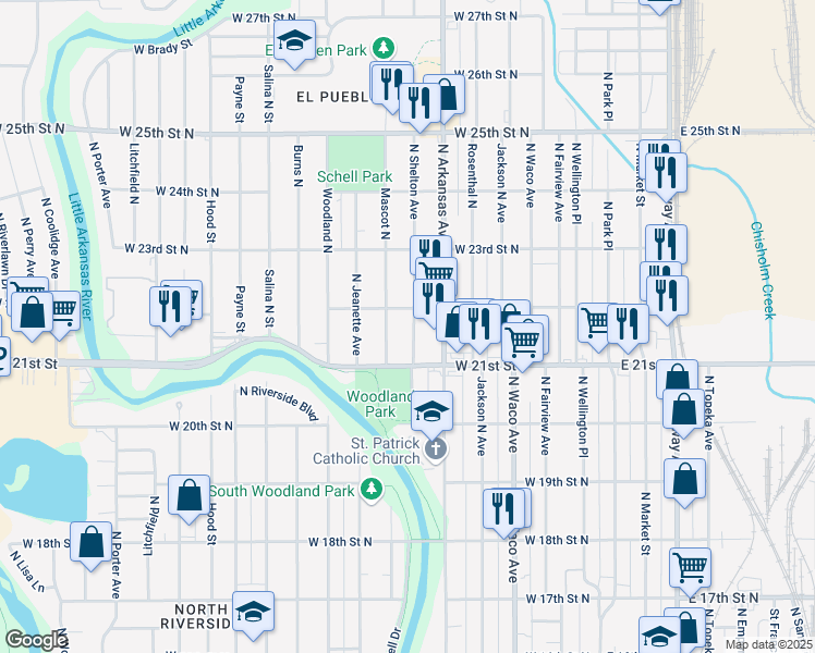 map of restaurants, bars, coffee shops, grocery stores, and more near 2236 N Shelton St in Wichita