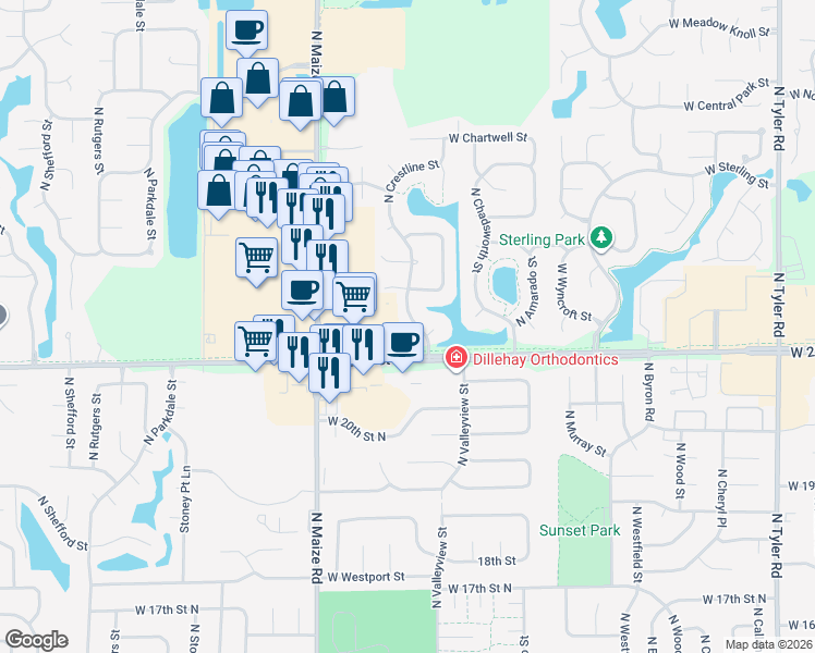 map of restaurants, bars, coffee shops, grocery stores, and more near 2217 North Crestline Court in Wichita