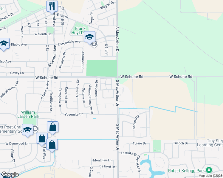 map of restaurants, bars, coffee shops, grocery stores, and more near 950 Peerless Court in Tracy