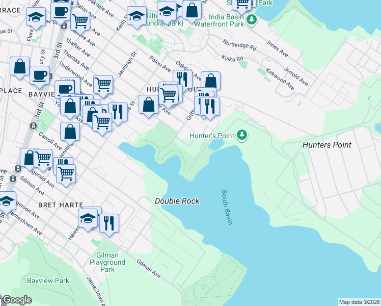 map of restaurants, bars, coffee shops, grocery stores, and more near 1020 Underwood Avenue in San Francisco