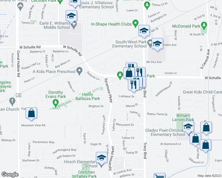 map of restaurants, bars, coffee shops, grocery stores, and more near 863 Willow Park Lane in Tracy
