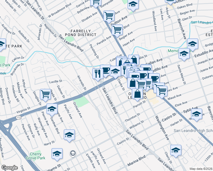 map of restaurants, bars, coffee shops, grocery stores, and more near 550 West Estudillo Avenue in San Leandro