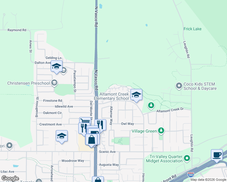 map of restaurants, bars, coffee shops, grocery stores, and more near 2173 Leafcrest Common in Livermore