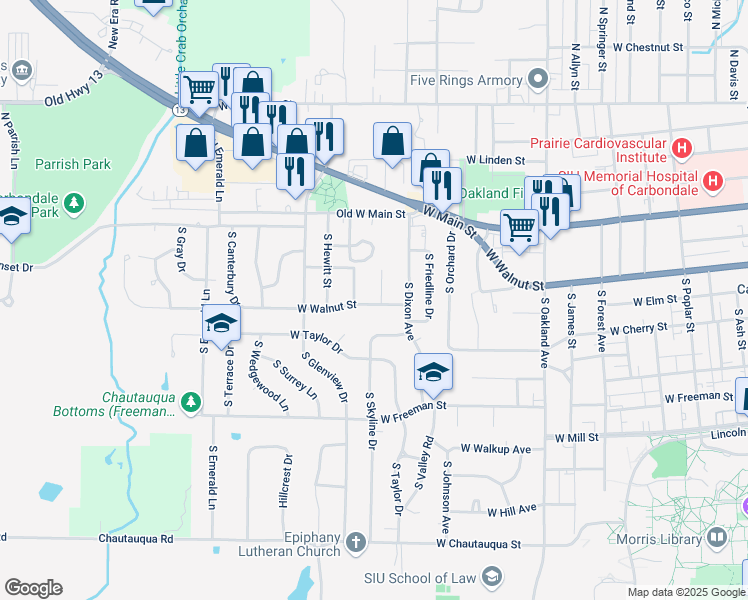 map of restaurants, bars, coffee shops, grocery stores, and more near 1305 W Walnut St in Carbondale