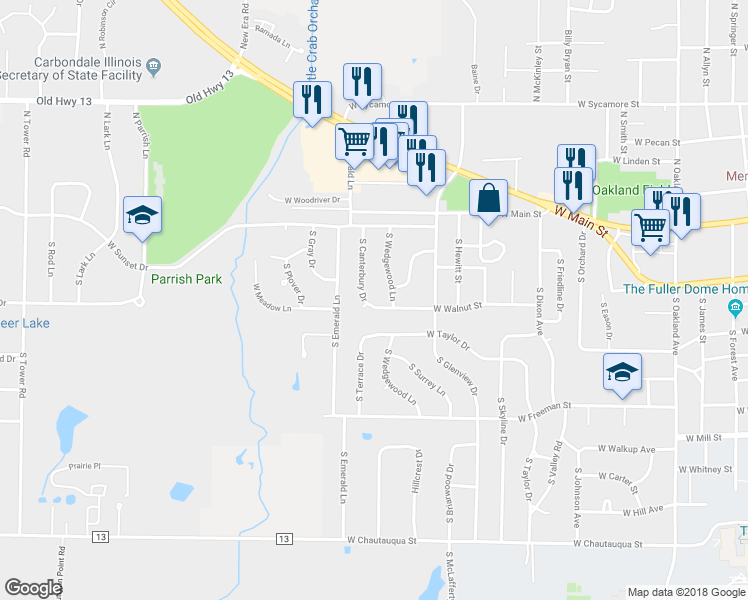 map of restaurants, bars, coffee shops, grocery stores, and more near 309 South Canterbury Drive in Carbondale