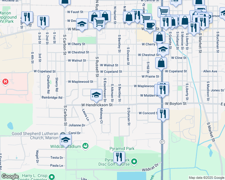 map of restaurants, bars, coffee shops, grocery stores, and more near 809 South Aikman Street in Marion