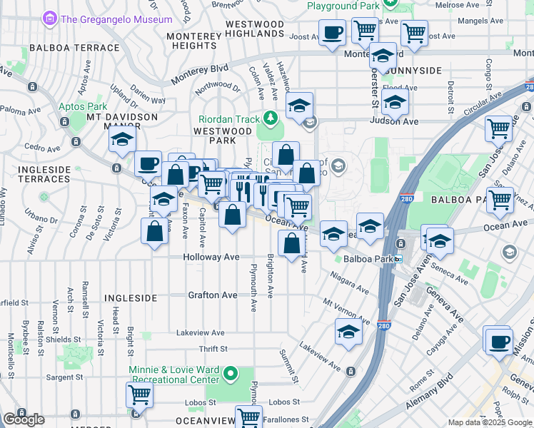 map of restaurants, bars, coffee shops, grocery stores, and more near 1200 Ocean Avenue in San Francisco