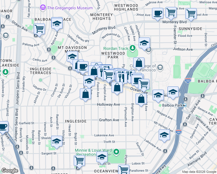 map of restaurants, bars, coffee shops, grocery stores, and more near 15 De Montfort Avenue in San Francisco