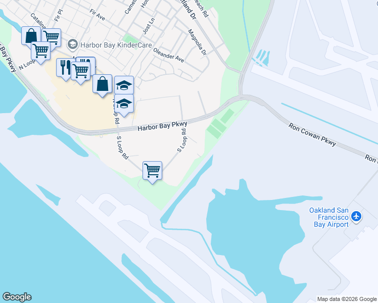 map of restaurants, bars, coffee shops, grocery stores, and more near 1260 South Loop Road in Alameda