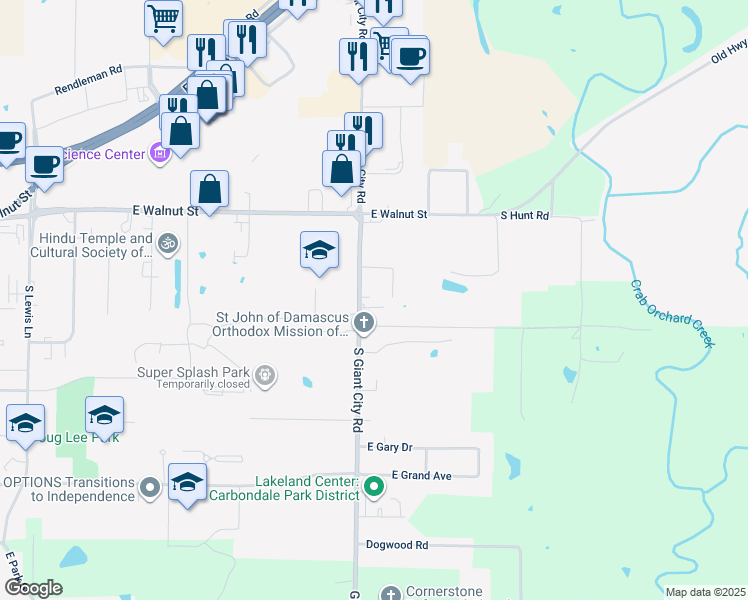 map of restaurants, bars, coffee shops, grocery stores, and more near 317 South Giant City Road in Carbondale