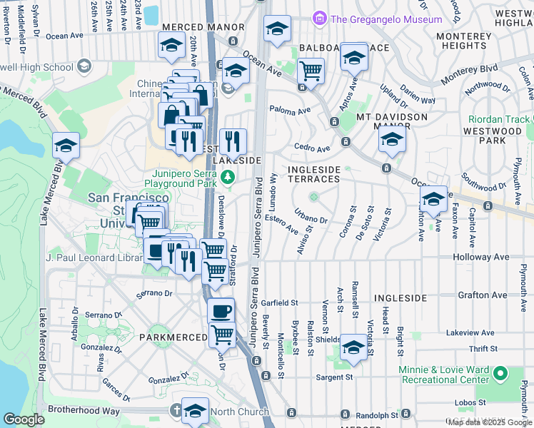 map of restaurants, bars, coffee shops, grocery stores, and more near 801 Junipero Serra Boulevard in San Francisco