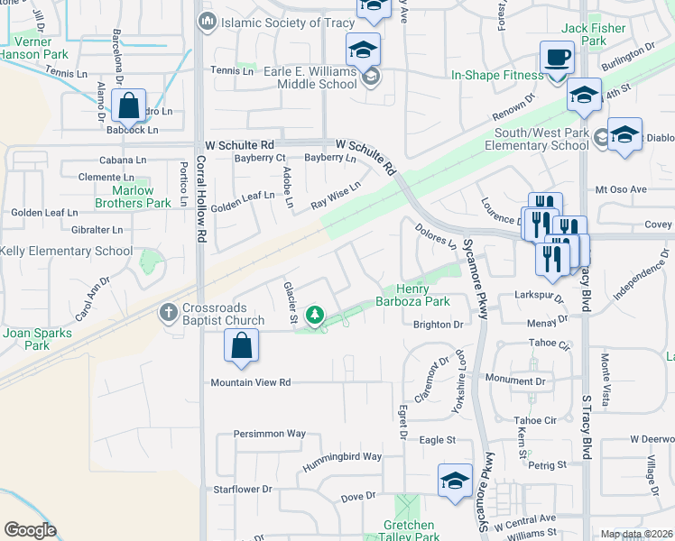 map of restaurants, bars, coffee shops, grocery stores, and more near 795 Teton Lane in Tracy