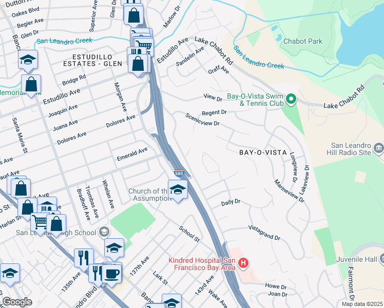 map of restaurants, bars, coffee shops, grocery stores, and more near 1247 Benedict Court in San Leandro