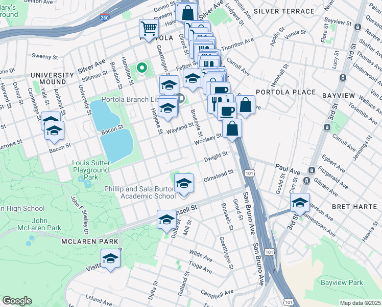 map of restaurants, bars, coffee shops, grocery stores, and more near 636 Goettingen Street in San Francisco