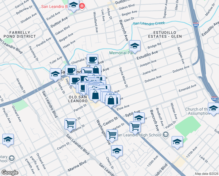 map of restaurants, bars, coffee shops, grocery stores, and more near 1588 Santa Rosa Street in San Leandro