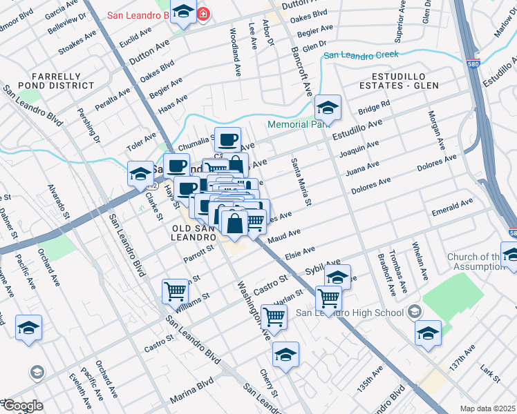 map of restaurants, bars, coffee shops, grocery stores, and more near in San Leandro