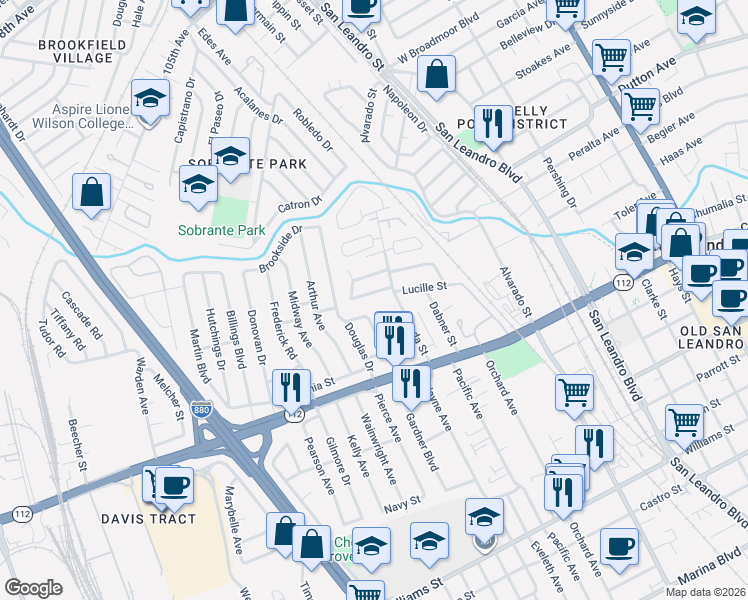 map of restaurants, bars, coffee shops, grocery stores, and more near 165 Preda Street in San Leandro