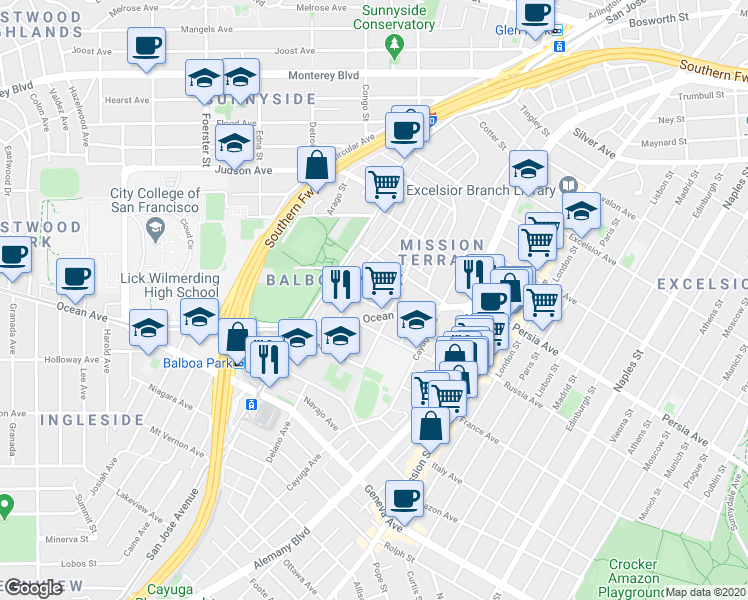 map of restaurants, bars, coffee shops, grocery stores, and more near 248 Ocean Avenue in San Francisco