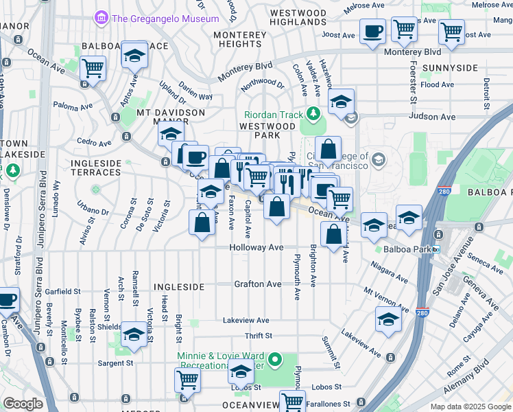 map of restaurants, bars, coffee shops, grocery stores, and more near 15 De Montfort Avenue in San Francisco