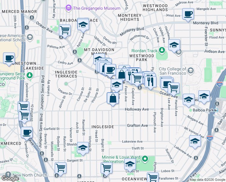 map of restaurants, bars, coffee shops, grocery stores, and more near 301 De Montfort Avenue in San Francisco