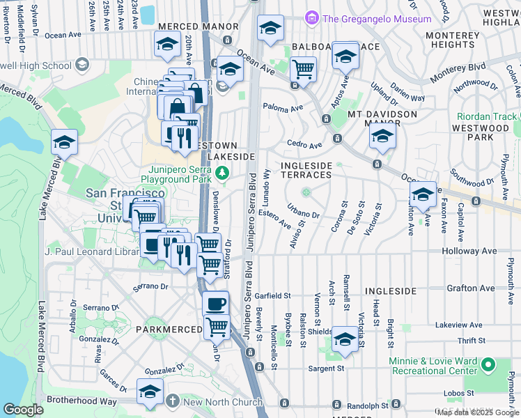 map of restaurants, bars, coffee shops, grocery stores, and more near 801 Junipero Serra Boulevard in San Francisco