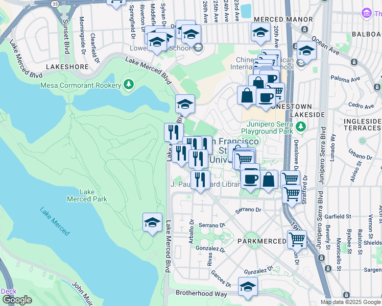 map of restaurants, bars, coffee shops, grocery stores, and more near 750 Font Boulevard in San Francisco