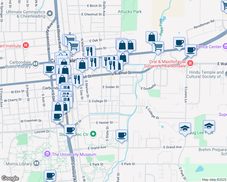 map of restaurants, bars, coffee shops, grocery stores, and more near 417 South Graham Avenue in Carbondale