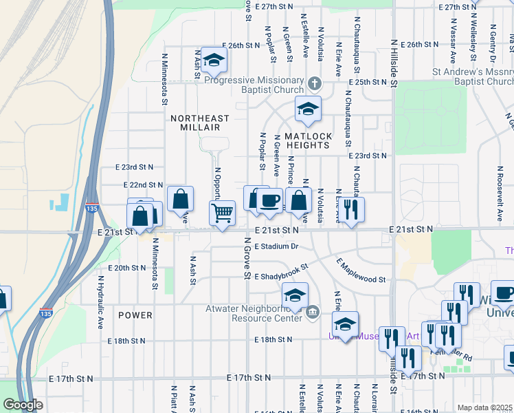 map of restaurants, bars, coffee shops, grocery stores, and more near 2213 North Grove Street in Wichita