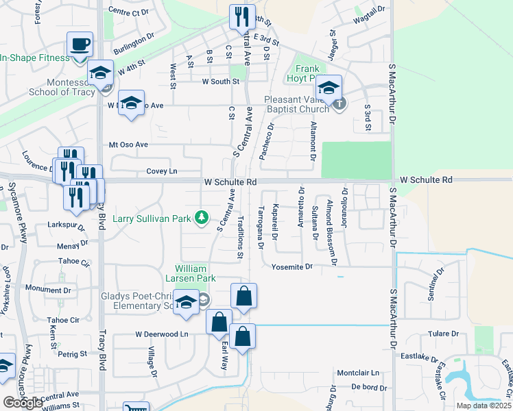 map of restaurants, bars, coffee shops, grocery stores, and more near 851 Tarrogana Drive in Tracy