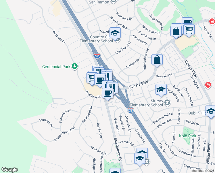 map of restaurants, bars, coffee shops, grocery stores, and more near 21320 San Ramon Valley Boulevard in San Ramon
