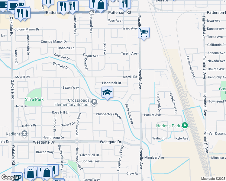 map of restaurants, bars, coffee shops, grocery stores, and more near 5901 Newbrook Circle in Riverbank
