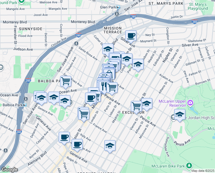 map of restaurants, bars, coffee shops, grocery stores, and more near 347 London Street in San Francisco