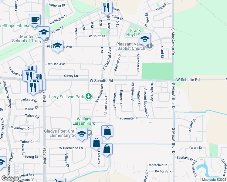 map of restaurants, bars, coffee shops, grocery stores, and more near 851 Tarrogana Drive in Tracy