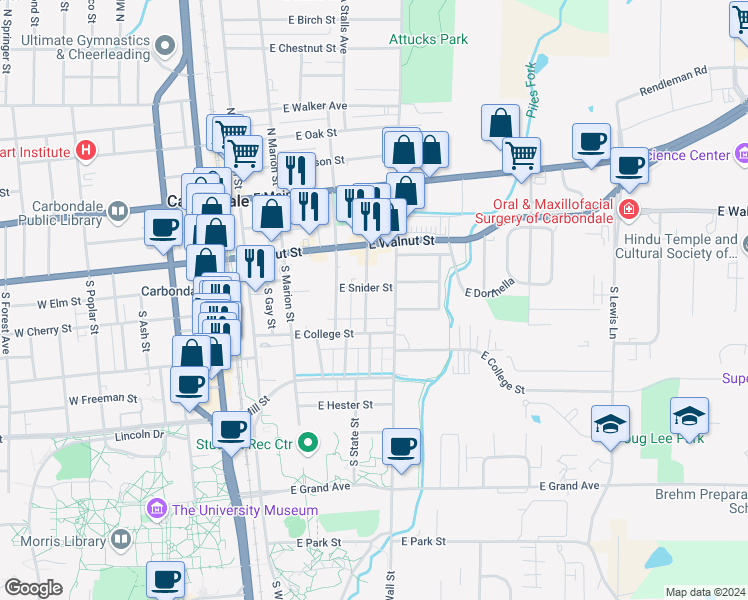 map of restaurants, bars, coffee shops, grocery stores, and more near 405 South Graham Avenue in Carbondale