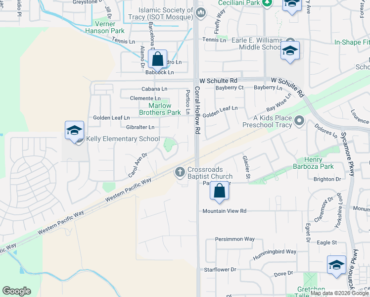 map of restaurants, bars, coffee shops, grocery stores, and more near 660 Tracey Jean Court in Tracy