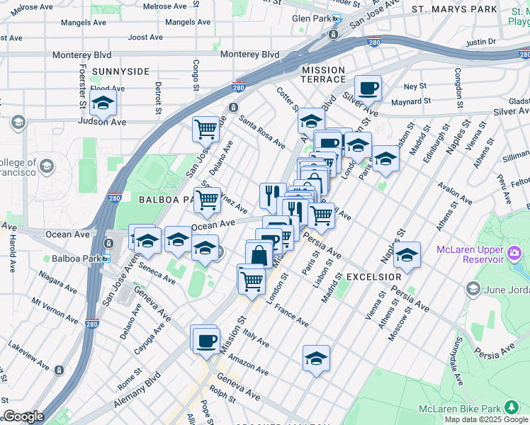 map of restaurants, bars, coffee shops, grocery stores, and more near in San Francisco