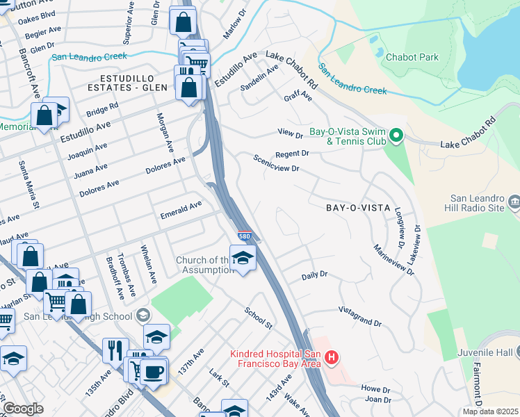 map of restaurants, bars, coffee shops, grocery stores, and more near 1247 Benedict Court in San Leandro