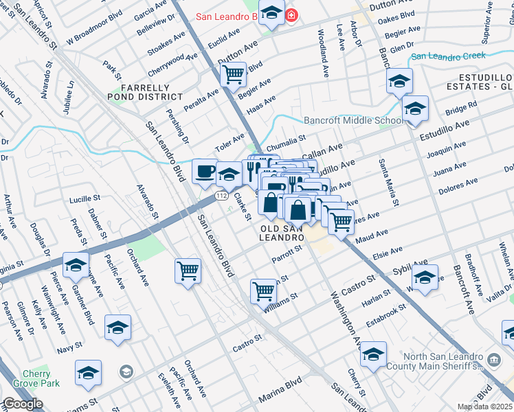 map of restaurants, bars, coffee shops, grocery stores, and more near 308 West Joaquin Avenue in San Leandro