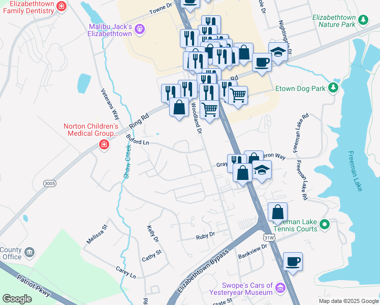 map of restaurants, bars, coffee shops, grocery stores, and more near 211 Buford Lane in Elizabethtown