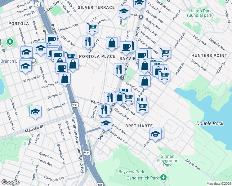 map of restaurants, bars, coffee shops, grocery stores, and more near 3rd Street & Egbert Avenue in San Francisco