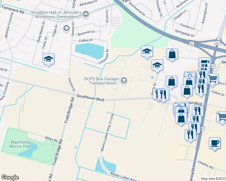 map of restaurants, bars, coffee shops, grocery stores, and more near 4809 Farmview Drive in Owensboro