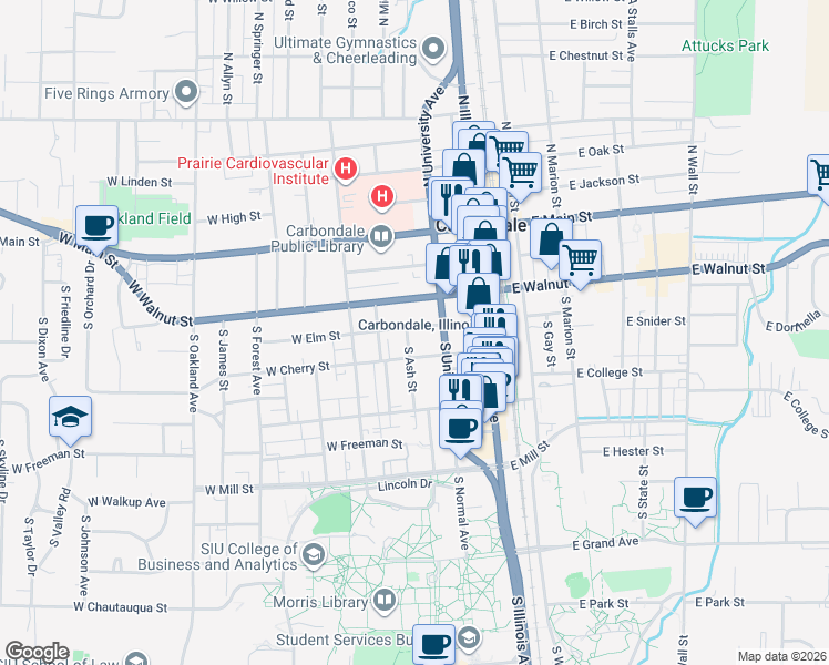 map of restaurants, bars, coffee shops, grocery stores, and more near 405 Cherry Court in Carbondale