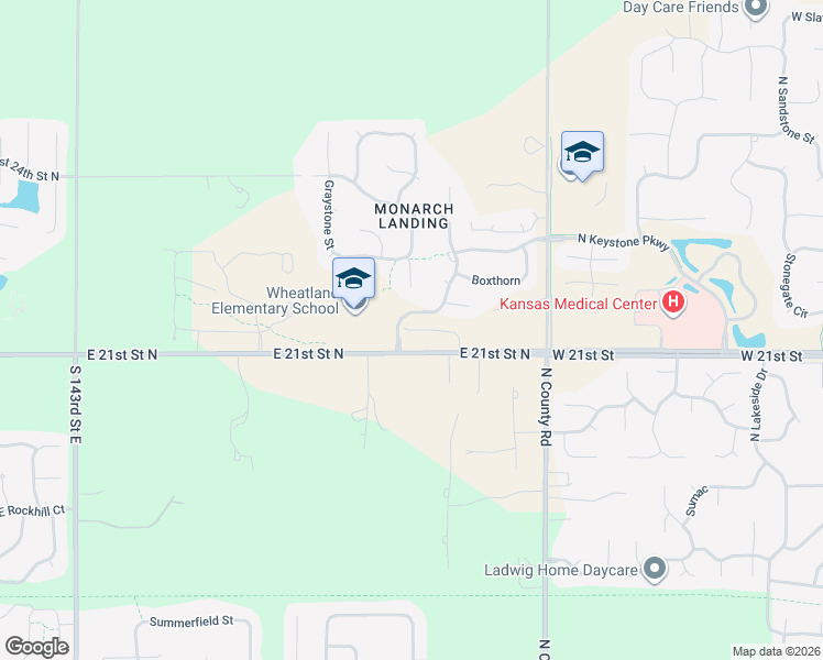map of restaurants, bars, coffee shops, grocery stores, and more near 15196-15678 East 21st Street North in Wichita