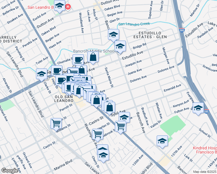 map of restaurants, bars, coffee shops, grocery stores, and more near 479 Dolores Avenue in San Leandro