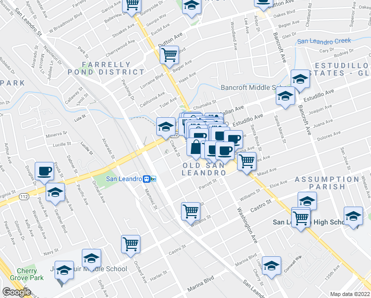 map of restaurants, bars, coffee shops, grocery stores, and more near 308 West Joaquin Avenue in San Leandro