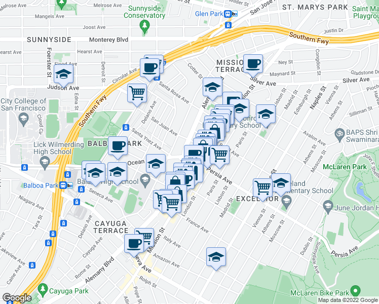 map of restaurants, bars, coffee shops, grocery stores, and more near in San Francisco
