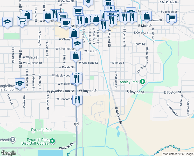 map of restaurants, bars, coffee shops, grocery stores, and more near 1301 South Liberty Street in Marion
