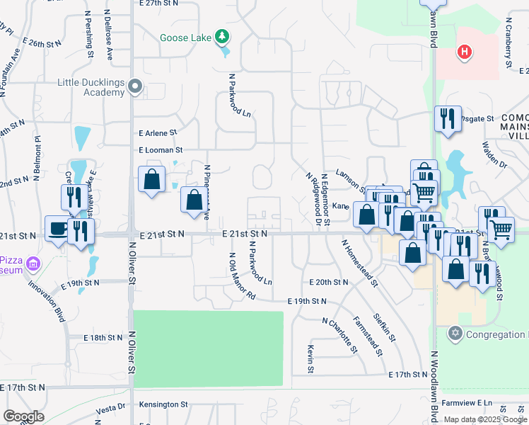 map of restaurants, bars, coffee shops, grocery stores, and more near 5468 East 21st Street North in Wichita