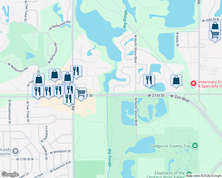 map of restaurants, bars, coffee shops, grocery stores, and more near 6422-6532 West 21st Street North in Wichita
