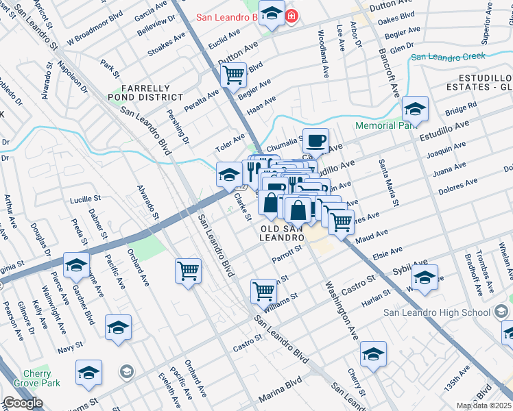 map of restaurants, bars, coffee shops, grocery stores, and more near 321 West Estudillo Avenue in San Leandro